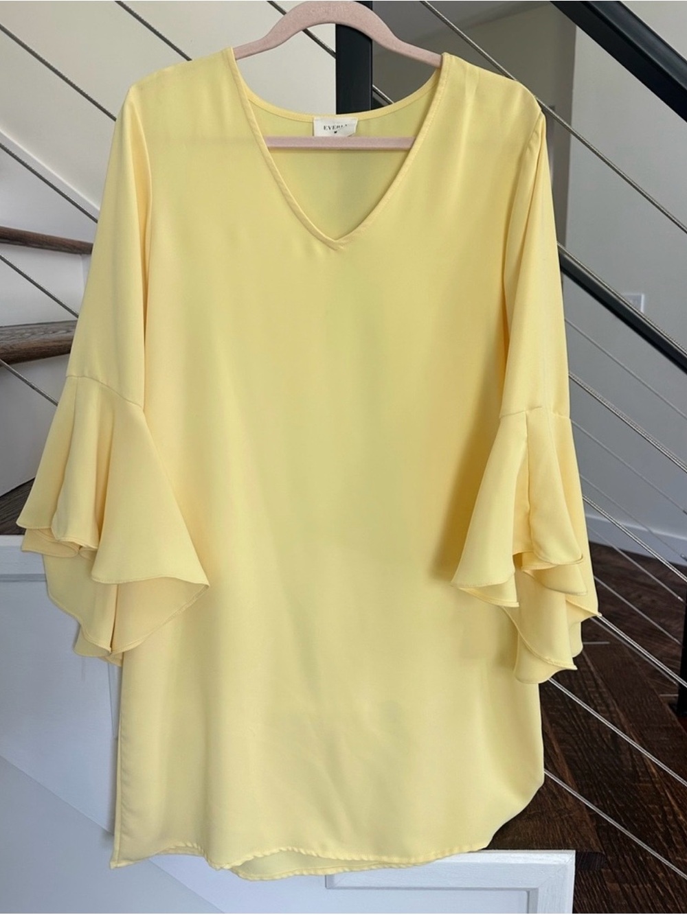 Everly Yellow V Neck Ruffle Bell Sleeve Mini Dress | Size: Large
